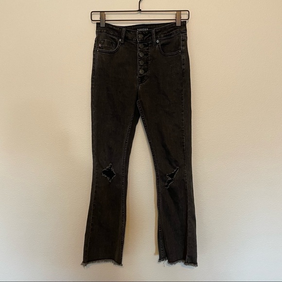 Vigoss Gwen kick flare high rise raw hem black exposed button fly jeans W24 L26 - Picture 1 of 5